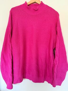 J.Crew Hot Pink Mockneck Cable Sleeve Sweater Oversized Chunky Knit Pullover XXL